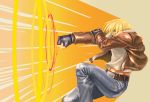  1boy blonde_hair bomber_jacket chari_(haru_pict) denim fatal_fury fingerless_gloves gloves jacket male_focus muscle pants punching snk solo special_moves terry_bogard the_king_of_fighters 