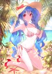  1girl bangle bangs bare_legs beach bikini blue_hair blush bracelet breasts cleavage conch full_body hand_on_headwear hat high_heels holding horizon jewelry kneeling long_hair looking_at_viewer luthica_preventer no_navel no_socks ocean outdoors palm_tree red_eyes red_shoes ronopu seashell shell shoes side-tie_bikini sky smile solo starfish strap_gap sun_hat sunlight swimsuit sword_girls tree twintails vertical-striped_bikini vertical_stripes very_long_hair 