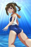 1girl ass brown_eyes brown_hair from_behind hisano_kiji i-401_(kantai_collection) kantai_collection looking_back ponytail sailor_collar school_swimsuit short_hair swimsuit 