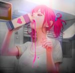  1girl bangs carton drinking heart indoors kitchen mujiha_(mlog) original pink_hair ponytail shirt sidelocks solo spot_color t-shirt 