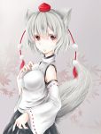  1girl absurdres animal_ears bare_shoulders breasts detached_sleeves hand_on_own_chest hat highres inubashiri_momiji looking_at_viewer pom_pom_(clothes) red_eyes ribbon-trimmed_sleeves ribbon_trim short_hair silver_hair solo tail tokin_hat touhou wide_sleeves wolf_ears wolf_tail 