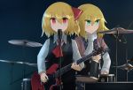  2girls ascot blonde_hair drum drum_set electric_guitar green_eyes guitar hinami047 instrument long_sleeves microphone microphone_stand mizuhashi_parsee multiple_girls red_eyes rumia scarf shirt short_over_long_sleeves skirt touhou 