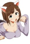  1girl animal_ears aqua_eyes breasts brown_hair cat_ears cleavage collarbone highres idolmaster idolmaster_cinderella_girls lying maekawa_miku on_stomach open_mouth paw_pose short_hair solo yamamoto_souichirou 