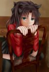 1girl artist_request black_legwear brown_hair chin_rest fate/stay_night fate_(series) green_eyes highres loafers shoes sitting sitting_backwards skirt solo sweater thigh-highs thighs toosaka_rin twintails zettai_ryouiki 