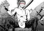  1boy black_gloves curly_hair evil_grin evil_smile fingerless_gloves ghiaccio glasses gloves grin harima13 jojo_no_kimyou_na_bouken male_focus monochrome pants ruins sitting smile solo spot_color striped striped_pants twitter_username 