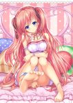  1girl anklet barefoot bed blue_eyes blush breasts cleavage cushion feet jewelry legs long_hair original pillow pink_hair sitting smile soles solo toes twintails very_long_hair 