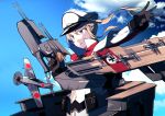  1girl airplane black_gloves blonde_hair blue_eyes blue_sky capelet card chromatic_aberration clouds cloudy_sky flight_deck gloves graf_zeppelin_(kantai_collection) hat kantai_collection long_hair machinery peaked_cap revision sahuyaiya sky solo swastika turret twintails 