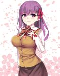  1girl :d beeyan blush breasts fate/stay_night fate_(series) highres long_hair matou_sakura open_mouth purple_hair school_uniform smile solo vest violet_eyes 