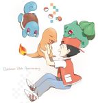  1boy anniversary bebe_0620 black_hair brown_eyes bulbasaur charmander english fang hat male_focus open_mouth poke_ball pokemon pokemon_(creature) pokemon_(game) pokemon_rgby red_(pokemon) red_(pokemon)_(classic) red_eyes smile squirtle violet_eyes 