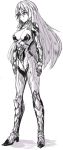  1girl armor armored_boots boots breasts cleavage collar gauntlets long_hair mason_69 monochrome simple_background solo white_background 