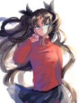  1girl blue_eyes brown_hair fate/stay_night fate_(series) hair_ribbon isamu_(gaioo0303) long_hair ribbon sketch solo toosaka_rin twintails white_background wind wind_lift 