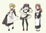  3girls apron bangs black_legwear blonde_hair blue_eyes breasts brown_hair curtsey detached_collar flat_chest frilled_apron frills full_body green_eyes japanese_clothes kimono loafers maid_apron maid_headdress multiple_girls original parted_bangs pas_(paxiti) pigeon-toed puffy_sleeves purple_hair shoes short_hair tabi thigh-highs twintails waist_apron white_legwear wide_sleeves wrist_cuffs yellow_eyes yukata 