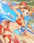  1girl bikini blonde_hair blue_eyes blush breasts eikisama113 flower granblue_fantasy hair_flower hair_ornament hand_on_glasses long_hair looking_at_viewer navel open_mouth red_bikini sand ship sitting smile solo sunglasses sunglasses_on_head swimsuit twintails water zeta_(granblue_fantasy) 