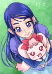  1girl blue_eyes blue_hair blue_shirt bow chocokin creature dated eyebrows grass long_hair milk_(yes!_precure_5) minazuki_karen precure red_bow shirt signature smile thick_eyebrows yes!_precure_5 