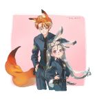  1boy 1girl 2016 animal_ears ashuijing belt_pouch black_necktie bunny_tail closed_mouth collared_shirt dated disney dress_shirt fox_ears fox_tail frown green_eyes grey_hair hand_on_another&#039;s_head hands_on_hips height_difference judy_hopps long_hair long_sleeves looking_at_another nick_wilde orange_hair pants pink_background police police_uniform rabbit_ears shirt silver_hair smile tail twintails uniform violet_eyes zootopia 