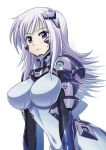  1girl blush bodysuit breasts covered_navel cryska_barchenowa headgear highres large_breasts lavender_hair long_hair looking_at_viewer muvluv muvluv_alternative muvluv_total_eclipse smile solo taturouxs upper_body violet_eyes white_background 