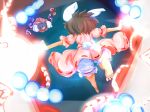  2girls aerial_battle animal_ears barefoot battle black_hair bloomers brown_hair bunny_tail danmaku dress faux_traditional_media flying foreshortening from_behind gap hakurei_reimu inaba_tewi kikurage_(sugi222) multiple_girls outstretched_arms pink_dress puffy_short_sleeves puffy_sleeves rabbit_ears short_hair short_sleeves skirt skirt_set spread_arms tail touhou underwear 