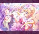  2girls asahina_mirai bare_shoulders black_gloves blonde_hair blush cure_magical cure_miracle elbow_gloves gloves hat heart highres holding_hands inoshishi_(ikatomo) interlocked_fingers izayoi_liko letterboxed long_hair magical_girl mahou_girls_precure! mofurun_(mahou_girls_precure!) multiple_girls one_eye_closed open_mouth precure side_ponytail smile violet_eyes white_gloves witch_hat 
