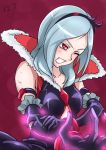  1girl albino armlet black_gloves bracelet chocokin clenched_teeth cowboy_shot dated eas elbow_gloves fresh_precure! gloves grey_hair hairband higashi_setsuna jewelry one_eye_closed popped_collar precure red_background red_eyes short_hair signature solo teeth 