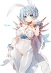  1girl animal_ears artist_name blue_eyes blush bodysuit breasts cleavage gloves large_breasts looking_at_viewer original rabbit_ears silver_hair simple_background skin_tight smile solo sorolp white_background wide_hips 