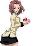  1girl blue_eyes box breasts chocolate chocolate_heart code_geass gift gift_box happy_valentine heart holding_gift kallen_stadtfeld looking_at_viewer redhead school_uniform short_hair simple_background smile solo super_robot_wars super_robot_wars_x-omega valentine white_background 