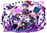  1girl blob blue_hair book danmaku doremy_sweet dress full_body hat kozakura_(dictionary) looking_at_viewer magic_circle nightcap open_book open_mouth short_hair short_sleeves simple_background smile socks solo tail touhou white_background 