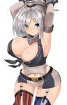  1girl american_flag_legwear armpits arms_up blue_eyes blush breasts cleavage cosplay garter_straps grey_hair hair_over_one_eye hamakaze_(kantai_collection) highres iowa_(kantai_collection) iowa_(kantai_collection)_(cosplay) kantai_collection large_breasts looking_at_viewer miniskirt navel short_hair simple_background sin_(kami148) skirt solo white_background 