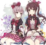  berukko black_legwear book brown_hair choker diantha_(granblue_fantasy) flower granblue_fantasy grey_eyes hair_ribbon linaria_(granblue_fantasy) long_hair pink_hair ribbon ribbon_choker rose skirt yellow_eyes 