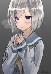  1girl absurdres blue_eyes blush hair_ornament hamakaze_(kantai_collection) hands_together highres kantai_collection looking_at_viewer signature silver_hair solo upper_body yuu_zaki 