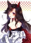  1girl animal_ears bangs blush breasts brooch brown_hair cleavage dress eyebrows highres imaizumi_kagerou jewelry large_breasts long_hair looking_at_viewer off_shoulder open_mouth red_eyes simple_background solo sweetroad touhou upper_body wolf_ears 