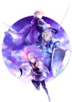  1girl 2boys armor blonde_hair blue_eyes cape fire_emblem fire_emblem_if gauntlets gloves ignis_(fire_emblem_if) kuzumosu lance long_hair multiple_boys open_mouth pink_hair polearm shield siegbert_(fire_emblem_if) simple_background soleil_(fire_emblem_if) sword violet_eyes weapon white_background 