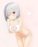  bare_shoulders bell bell_choker bell_collar blush bra breasts cat_cutout cat_ear_panties cat_lingerie choker cleavage_cutout collar hair_ornament hair_over_one_eye hamakaze_(kantai_collection) highres jingle_bell kantai_collection large_breasts navel nedia_r panties paw_print short_hair side-tie_panties silver_hair simple_background stomach underwear white_bra 