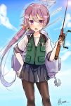  1girl akebono_(kantai_collection) anchor bell blush fishing_rod flower hair_bell hair_flower hair_ornament hand_on_hip highres holding kantai_collection long_hair looking_at_viewer open_mouth pantyhose skirt sky solo twitter_username very_long_hair violet_eyes yuu_zaki 