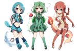  3girls backpack bag blue_gloves blue_hair blue_legwear blue_shoes blush boots braid brown_eyes bulbasaur charmander commentary_request detached_sleeves dress elbow_gloves fire full_body gloves green_hair green_legwear green_shoes grey_eyes hair_between_eyes hair_ornament hairclip hand_on_hip highres kneehighs leaf long_hair looking_at_viewer multiple_girls navel open_mouth orange_boots orange_hair personification poke_ball pokemon red_eyes shoes short_dress short_hair short_hair_with_long_locks short_sleeves shorts simple_background single_braid sleeveless sleeveless_dress smile squirtle standing tail takeshima_(nia) thigh-highs thigh_boots v_arms vest water white_background 