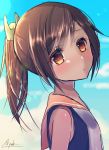  1girl absurdres blush brown_hair hair_ornament head_tilt highres i-401_(kantai_collection) kantai_collection looking_at_viewer ponytail signature sky solo swimsuit yuu_zaki 