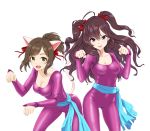  2girls animal_ears blue_eyes blush bodysuit bow breasts brown_hair cat&#039;s_eye cat_ears cat_tail covered_navel fang female green_eyes hair_bow hair_ribbon highres ichinose_shiki idolmaster idolmaster_cinderella_girls infinote kisugi_rui kisugi_rui_(cosplay) long_hair looking_at_viewer maekawa_miku multiple_girls open_mouth paw_pose ponytail ribbon short_hair smile tail two_side_up 