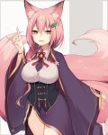  1girl \m/ animal_ears bracelet breasts corset fang fox_ears fox_shadow_puppet fox_tail green_eyes hair_ornament jewelry large_breasts long_hair looking_at_viewer muryou necktie original pink_hair slit_pupils smile smirk solo tail thighs whisker_markings wide_sleeves 