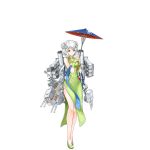  1girl cannon china_dress chinese_clothes chongqing_(zhan_jian_shao_nyu) double_bun dress fingerless_gloves gloves green_dress machinery official_art oriental_umbrella shawl short_hair side_slit silver_hair smile solo transparent_background turret umbrella yellow_eyes zhan_jian_shao_nyu 