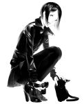  black_hair camera cat coat greyscale high_heels highres monochrome open_mouth pants sawasawa short_hair simple_background squatting white_background 