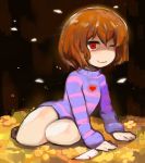  androgynous bleeding blood brown_hair flower flower_bed frisk_(undertale) full_body hands_on_ground hasso_(goodbad963) heart knife legs_folded long_sleeves no_panties one_eye_closed purple_clothes purple_shirt red_eyes shirt short_hair sitting solo striped striped_shirt undertale yokozuwari 