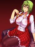  1_(kawaseha) 1girl black_legwear blush breasts breath cleavage collarbone come_hither green_hair heavy_breathing highres kazami_yuuka large_breasts looking_at_viewer nose_blush on_bed pantyhose plaid plaid_skirt plaid_vest red_eyes seductive_smile short_hair sitting sitting_on_bed skirt skirt_set smile solo thighs touhou undressing vest wet wet_clothes 