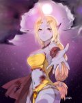  1girl artist_name blonde_hair blood bloody_clothes cape clouds highres horn league_of_legends long_hair midriff navel outstretched_hand panza pointy_ears ponytail purple_skin purple_sky smile solo soraka sun tattoo torn_cape torn_clothes yellow_eyes 