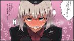 1girl blue_eyes blush clenched_teeth commentary_request full-face_blush girls_und_panzer hat itsumi_erika looking_at_viewer military military_hat military_uniform short_hair silver_hair solo sweat takatoo_kurosuke teeth translation_request uniform 