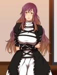  1_(kawaseha) 1girl :d blush breast_hold breasts brown_hair cross-laced_clothes crossed_arms gradient_hair highres hijiri_byakuren large_breasts long_hair long_sleeves looking_at_viewer multicolored_hair open_mouth purple_hair smile solo touhou turtleneck two-tone_hair yellow_eyes 