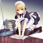  1girl all_fours apron black_legwear blonde_hair bucket detached_collar fate/stay_night fate_(series) looking_at_viewer maid maid_headdress mop saber saber_alter short_hair solo thigh-highs waist_apron wash_cloth water yellow_eyes yeruen 