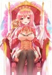  1girl baton black_legwear breasts capelet cleavage cleavage_cutout crown dress flower highres large_breasts long_hair long_sleeves looking_at_viewer open_mouth pink_eyes pink_hair pink_rose rasis red_dress rose see-through shinoba sitting smile solo sound_voltex thigh-highs thighs throne very_long_hair wide_sleeves zettai_ryouiki 