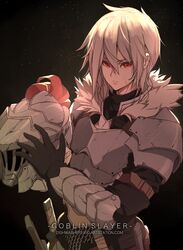  1boy armor commentary dishwasher1910 english_commentary facial_scar full_armor fur_collar fur_trim goblin_slayer goblin_slayer! grey_hair helmet holding holding_helmet looking_at_viewer male_focus red_eyes scar scar_on_cheek shiny shiny_hair short_hair solo 