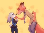    1boy 1girl belt blue_eyes blush chin_grab couple eye_contact fox from_side furry green_eyes hachifuku hand_in_pocket heart judy_hopps looking_at_another necktie nick_wilde police police_uniform rabbit smile uniform utility_belt zootopia 