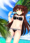 1girl amo_(rnrkrn) breasts brown_hair green_eyes highres long_hair original palm_tree popsicle solo tree two_side_up wading 