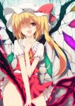  1girl ascot blonde_hair cracked_wall fang flandre_scarlet glowing glowing_weapon glowing_wings hair_over_one_eye hat hat_ribbon laevatein long_hair looking_at_viewer mob_cap open_mouth puffy_short_sleeves puffy_sleeves red_eyes ribbon sakurame shirt short_sleeves side_ponytail skirt skirt_set smile solo thighs touhou very_long_hair vest wall weapon wings 